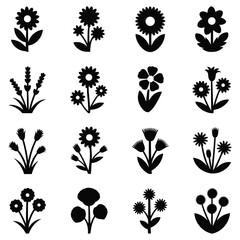 Collection of Black Flower Silhouettes on White Background icon