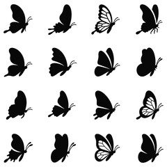 Collection of sixteen black butterfly silhouettes in profile view white background