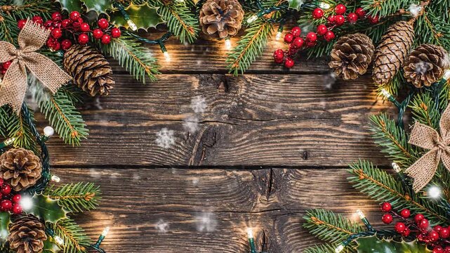 Festive holiday decoration with pine cones berries and wooden background