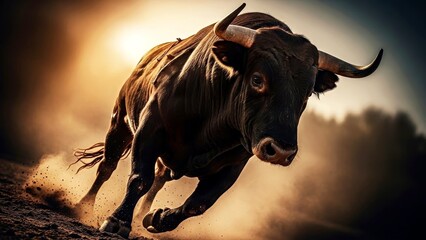 Black bull running through dust with dramatic lighting in outdoors  