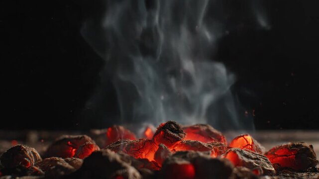 Glowing Embers with Smoke - Close-up of smoldering hot embers, glowing orange and red against a black background. Smoke rises above the hot coals.
