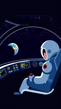 Astronaut piloti inside spaceship cockpit Celestial Scientific Exploration Interstellar Spacecraft Technology Outer Space 2D Style