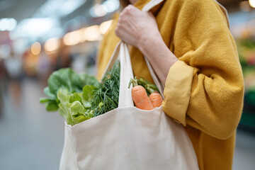 A woman is holding a bag of vegetables, including carrots and lettuce