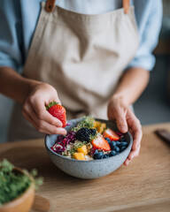 A woman is holding a bowl of fruit and vegetables