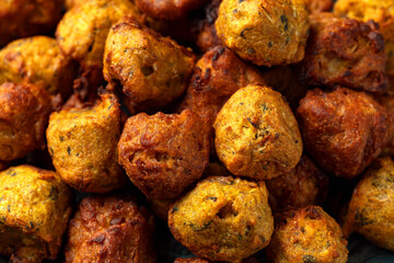 Indian Style Snack Selection with onion bhajis and pakoras