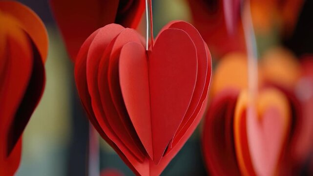 Footage A collection of red paper hearts suspended from strings, often used for decoration or gift-giving