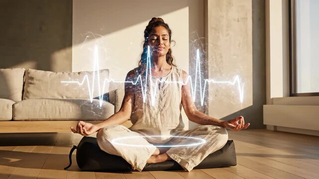 A woman meditates with futuristic biofeedback graphics showing her heart rate. Practicing mindfulness and yoga for spiritual wellness at home. Health technology and mind-body connection concept