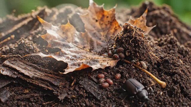A black beetle crawling on soil near its eggs in a macro view. The insect life cycle in a natural forest habitat. Close-up of wildlife and decomposition