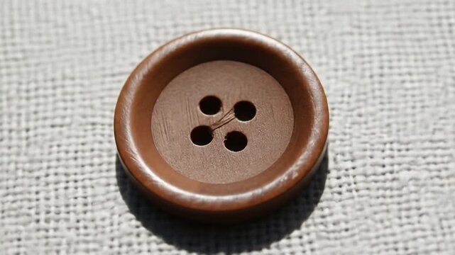 Close-up of a Brown Button with Four Holes on Textured Fabric.
