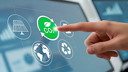 A hand interacting with a digital interface for the concept of environmental conservation and technology.