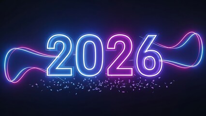 Neon glowing 2026 digits with blue and purple light trails on dark background with confetti numbers