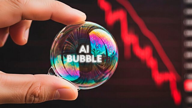 A bubble with the text AI BUBBLE being held in a person's hand with stock chart going down for the concept of finance crisis.