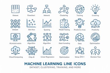 Machine Learning Line Icons Set. Dataset, Clustering, Neural Networks, AI Training. Technology concept.