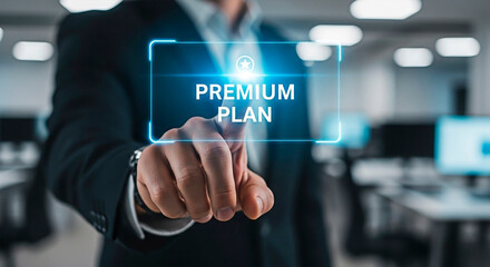 Businessman touching screen that show PREMIUM PLAN for concept of business technology and online service.