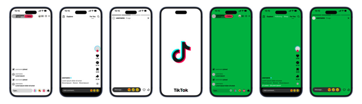 TikTok App Mobile Mockup Social Media UI Template with Smartphone Screens Splash Screen Home Feed Profile Short Video Like Comment Share Follow Green Screen Interface Design