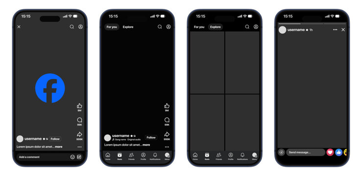 Facebook App Mobile Mockup Social Media UI Template with Smartphone Screens Login Home Feed Explore Grid Profile Page Follow Like Comment Share Message Interface Design