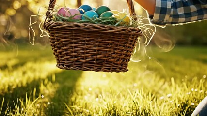 Child hand lifting wicker basket with hot steaming colorful Easter eggs from green grass in sunny spring garden