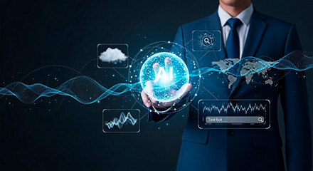 Man holding futuristic AI data for the concept of Technological innovation.