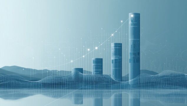 Digital financial growth chart hologram with bar graph and data lines on abstract futuristic blue background for business analysis and success concept. - Powered by Adobe