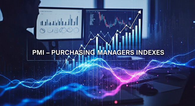 PMI - Purchasing Managers Indexes with stock chart for the concept of Investment data.