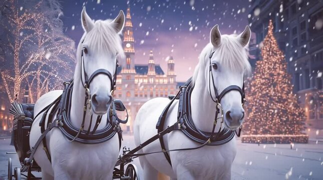 White horses pulling a carriage through a snowy city street with glowing Christmas trees and festive buildings in the background