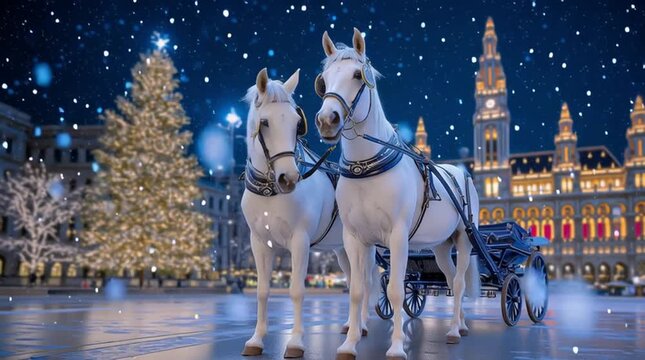 White horses pulling a carriage on a snowy evening in a festive European city square with Christmas lights and decorated tree
