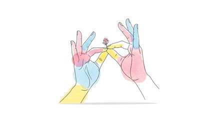 Hands of different colors holding yellow ribbon with flower in center  