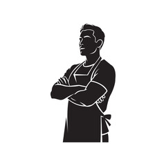 Confident professional man in apron with crossed arms focused skilled worker silhouette vector illustration chef barista