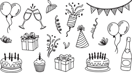 Celebration icons featuring balloons cakes gifts and party hats perfect for birthday or festive themes