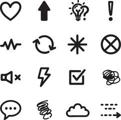 Collection of diverse black and white icons representing various concepts and actions suitable for web design and digital projects