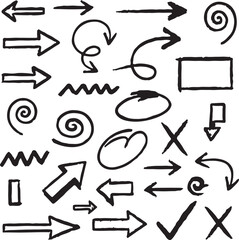 Collection of various handdrawn arrows and symbols in different styles and directions perfect for design and illustration projects