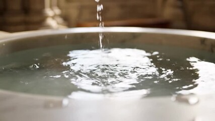 Clear water pouring into a marble baptismal font or stone basin with ripples and splashes close up