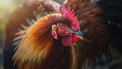 coq color&eacute; en gros plan, animal de basse-cour en lumi&egrave;re naturelle