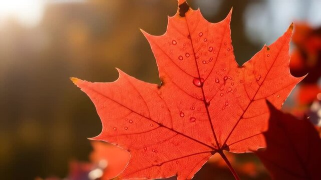 Close up of a vibrant red maple leaf with water droplets in autumn sunlight.