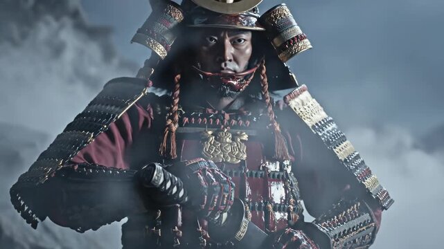 Warrior in Samurai Armor - A formidable samurai warrior stands ready for battle, his face partially obscured by a fierce red mask.