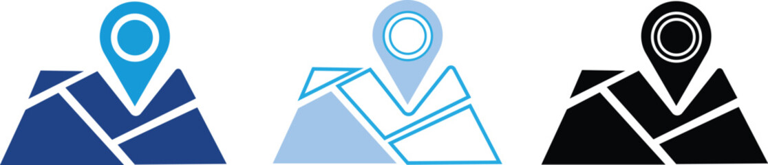 map location pin icons set with folded paper maps in blue and black colors for navigation and gps applications isolated on white background. © Sumaia