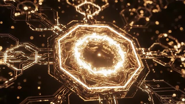 Abstract golden circuitry with glowing octagonal core technology concept