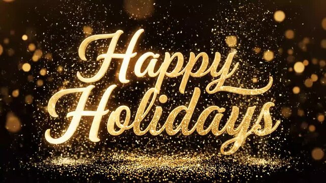 Golden Happy Holidays Message - A festive video with the text "Happy Holidays" in golden, script font on a black background. Golden sparkles and bokeh lights add a touch of elegance and celebration.