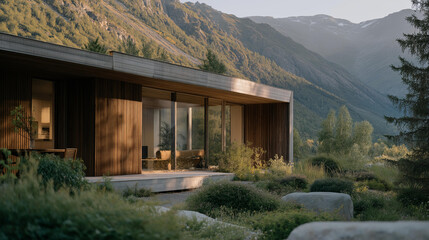 A minimalist modern wooden cabin with large panoramic windows, blending natural materials and contemporary design in a remote mountain setting. cinematic color correction, natural uneven lighting