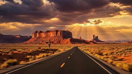 Dynamic desert sunset journey on endless highway towards majestic red rock formations