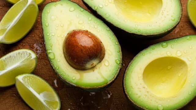 Fresh avocado and lime arrangement with water drops highlighting natural texture