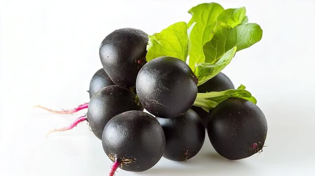 Footage A collection of black radishes arranged on a white surface, ready for cooking or display