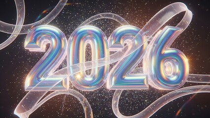 Iridescent metallic 2026 typography with translucent ribbon swirls on dark starry background numbers