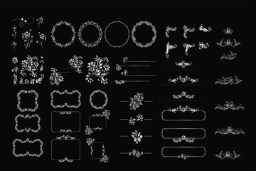 Decorative ribbon banners and labels set with vintage frames, dividers and ornamental elements on dark background