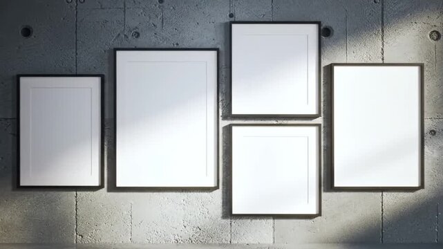 Five blank picture frames arranged on a textured concrete wall.