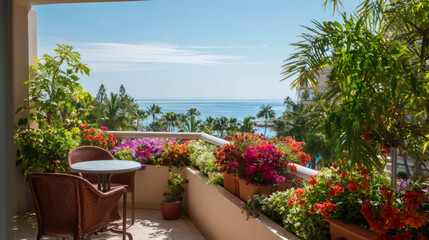 Fototapeta premium Balcony with Flowers and Ocean View