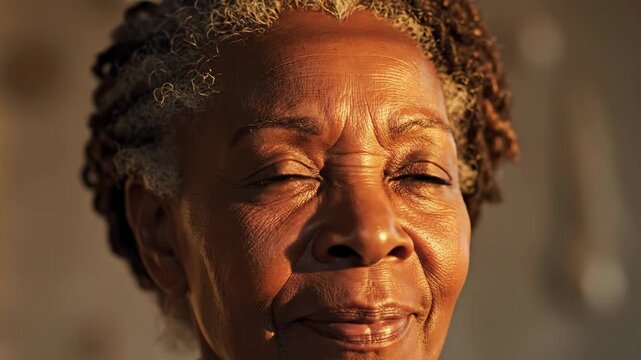 A close-up portrait of an elderly African American woman opening her eyes. A senior person in a moment of quiet reflection. Wisdom, hope, and aging concept