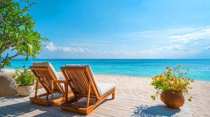Beach Lounge Chairs by Ocean with Blue Sky