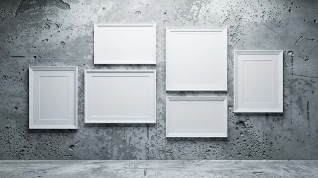Empty frames arranged on a textured concrete wall provide a blank canvas.