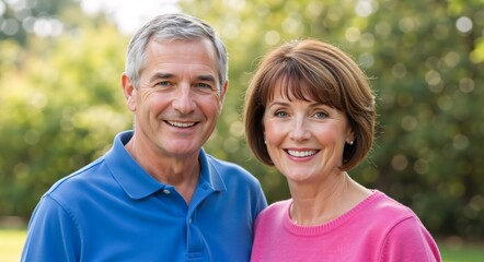 Obraz premium Happy senior couple smiling outdoors in a park. Portrait of a mature husband and wife enjoying retirement. Healthy lifestyle concept